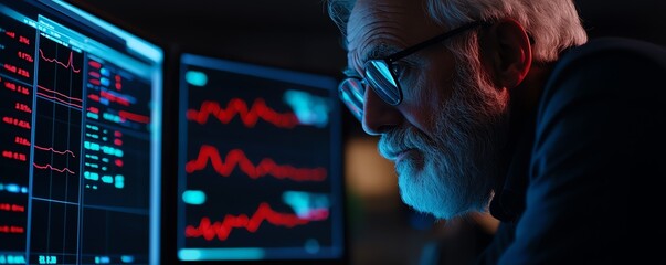Focused older man analyzing digital data on multiple screens in a dark environment.