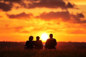 Three individuals enjoying a sunset view, silhouetted against a vibrant sky.