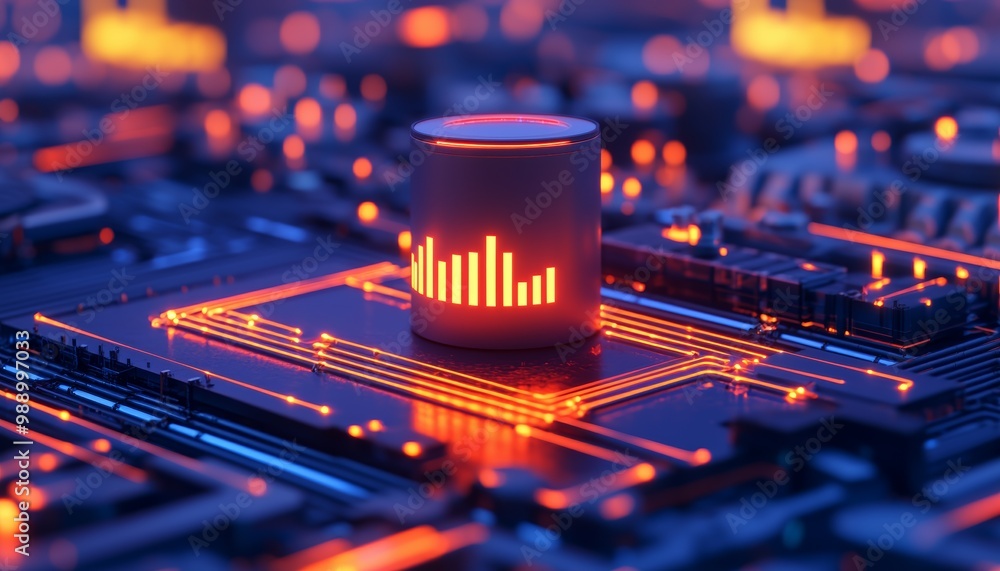 Poster digital circuit board with glowing data visualization on a microchip, colorful lights.