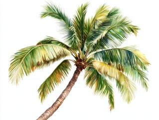 Tropical palm tree with lush green leaves, white isolated background.