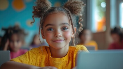 diverse elementary classroom multiethnic children engaged with laptops colorful learning environment interactive education