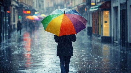 A person walking down a rain-soaked street, holding a colorful umbrella, as rain falls heavily around them.