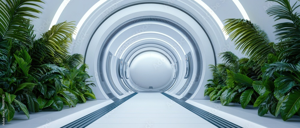 Poster Futuristic corridor with greenery and modern architecture
