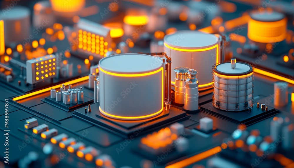Poster futuristic data center with glowing elements on a circuit board.