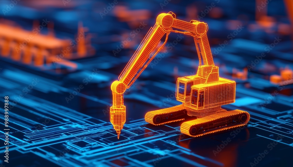 Poster futuristic robotic arm on digital blueprint background, tech innovation concept.