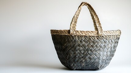 Fototapeta premium A woven rattan basket, simple and elegant, rests isolated against a white backdrop.