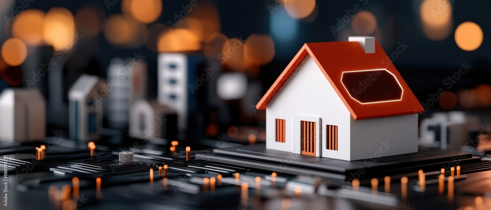 Poster modern home model on digital circuit abstract background