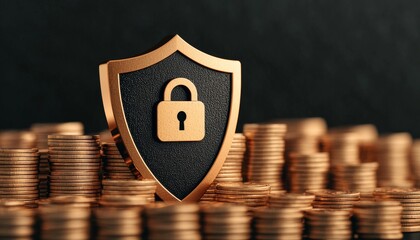 Gold shield with lock on a background of stacked coins.
