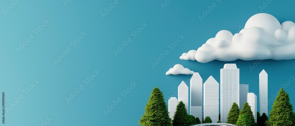 Poster Cityscape with Trees and Clouds in Minimalist Style