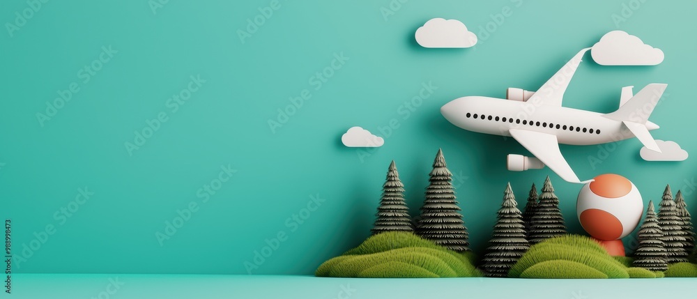 Poster airplane in a playful landscape with clouds and trees