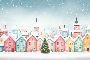 Snowy Winter Village with Colorful Houses and Christmas Tree