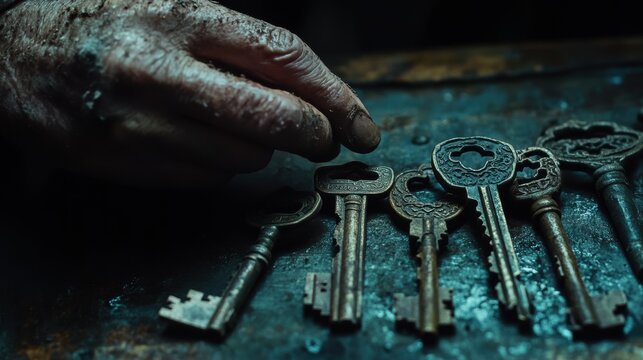 A weathered hand delicately inspects a collection of old, ornate keys resting on a rustic surface, evoking a sense of history and mystery