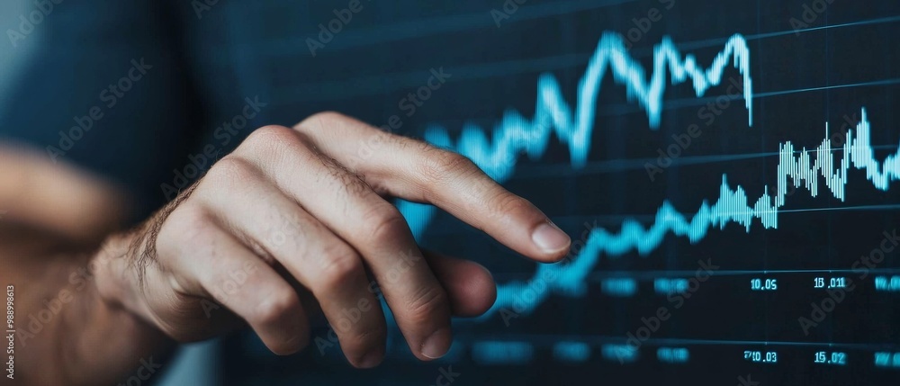 Poster hand pointing at a financial chart data on a digital screen, analytics concept.