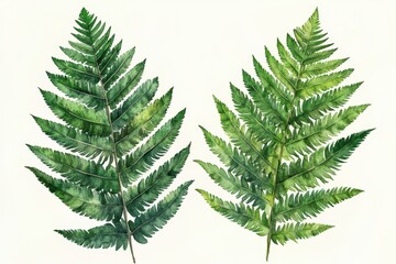 Two vibrant green fern leaves on a soft, pale background