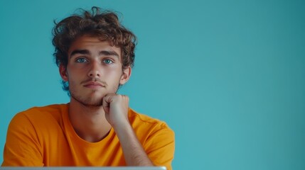 A young man with curly hair and blue eyes rests his chin on his hand, looking thoughtfully towards the camera against a turquoise background