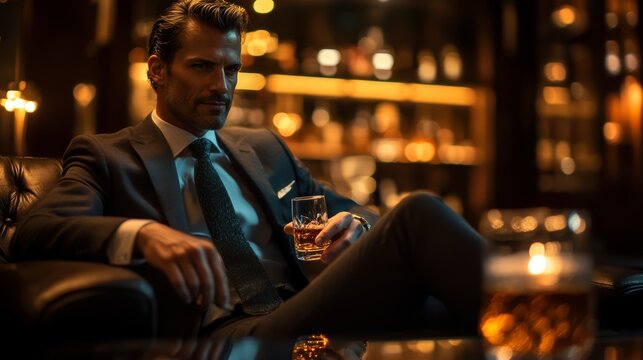 A well-dressed man in a suit enjoys a drink while seated in a dimly lit, upscale bar or lounge