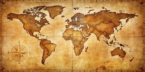 Vintage world map with intricate details of continents, oceans, compass rose and markings in warm tones