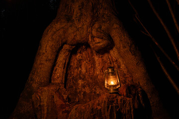 fantasy Kerosene lamp at night near tree, fairy tale atmosphere for halloween, wallpaper