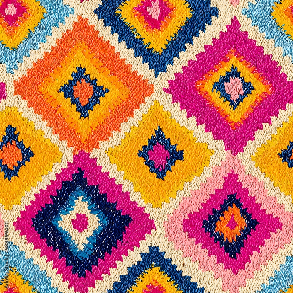 Poster a textured rug pattern of colorful geometric designs adds warmth and character to any space.