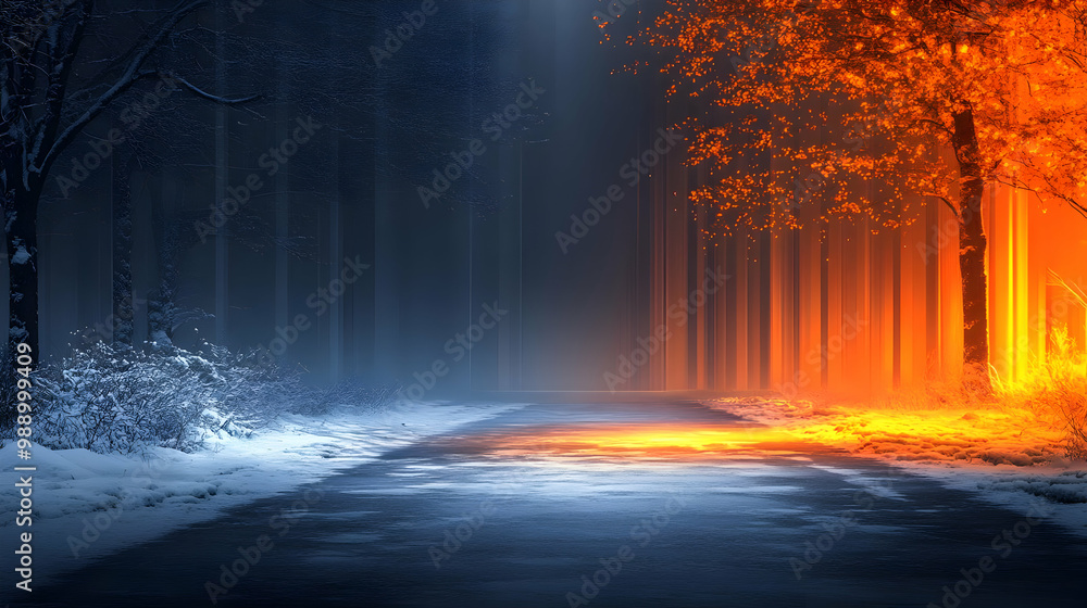 Poster snowy forest path with glowing trees