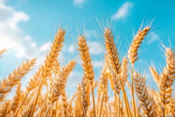 Fototapeta premium A close-up view of golden wheat stalks against a bright blue sky with fluffy clouds, symbolizing abundance and the harvest season