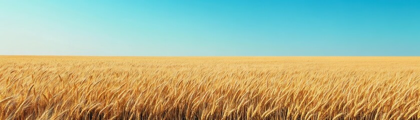 Obraz premium A vast field of golden wheat under a clear blue sky, showcasing an expansive and serene agricultural landscape.