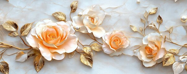 A delicate floral design featuring soft peach roses and golden leaves against a light, textured background.