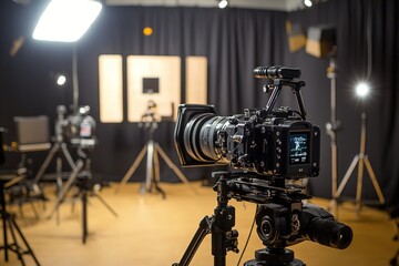 Professional camera setup in a studio with lighting equipment.
