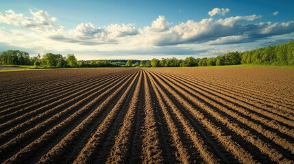 Empty, harvested field with rows of soil extending into the distance, with room for copy