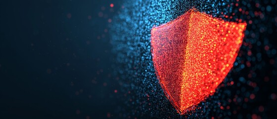 Red shield symbol made of glowing particles on a dark background.