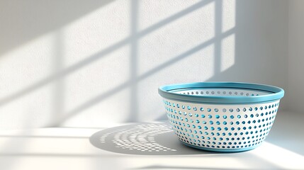 A blue and white plastic colander sits in soft shadow, casting delicate patterns on a white background.