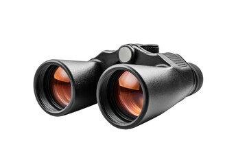 Black binoculars with a sleek design showcasing detailed optics, isolated on a white background.