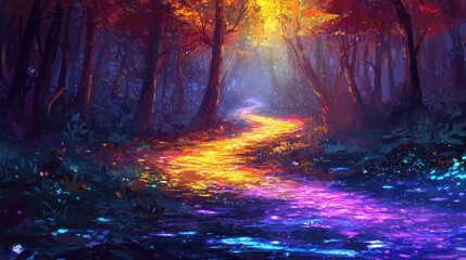 A vibrant, mystical forest path illuminated by colorful lights, surrounded by dark trees and a dreamy ambiance.