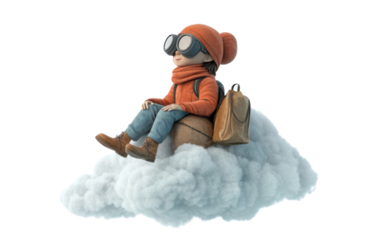 Child in aviator goggles and knitted hat sitting on cloud, vibrant colors, playful, adventurous spirit.
