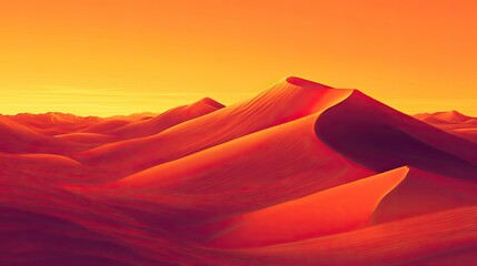 Naklejka premium Expansive desert scene with orange and red dunes at sunset, vast space for text. No people, copy space