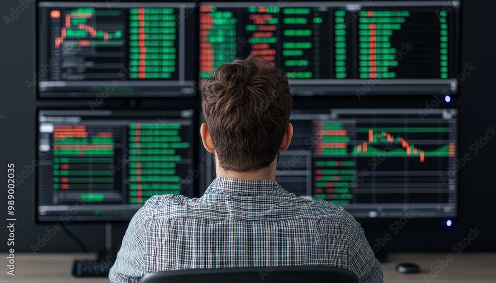 Poster trader analyzing market data on multiple screens in modern office setting.