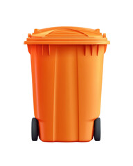 Orange trash bin on wheels with a lid, isolated on a white background.