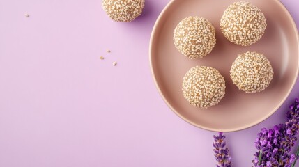A plate of sesame balls alongside lavender flowers on a pastel background.