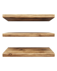 Three wooden shelves with a natural finish on a white isolated background.