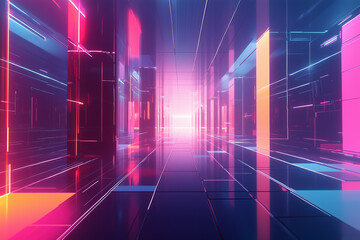 Fototapeta premium Vintage rerto background. A vibrant neon vector illustration of planets and the sun, set against an abstract background with geometric shapes and lines in pink, purple, blue, and yellow colors. 
