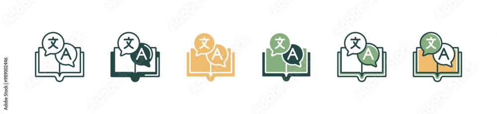 Poster online book translation icon set global communication language dictionary translate service vector illustration for web and app