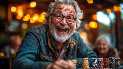 Obraz premium Portrait of senior man playing texas hold'em poker in casino