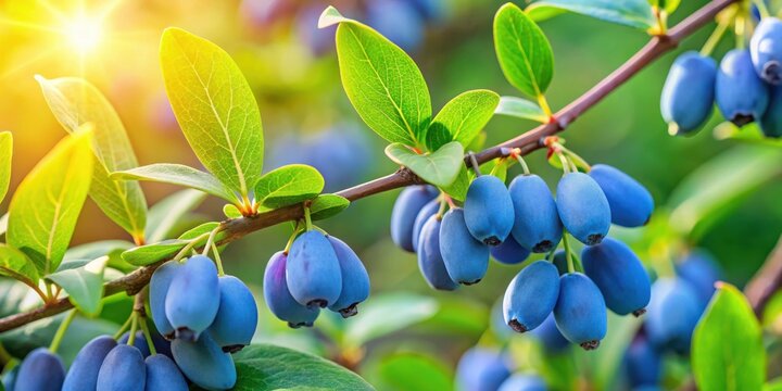 Blue honeysuckle haskap berries growing on lonicera caerulea plant in a sunny garden