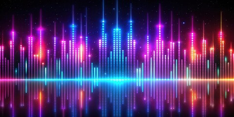 Abstract neon glow music equalizer background with sound waves and musical patterns
