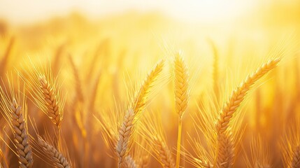 Golden wheat field at sunset, with the sun casting a warm glow, leaving space for copy or text