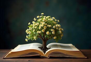 Education concept with tree of knowledge planting on opening big book and blurred bookshelf background in library. education background. back to school concept.
