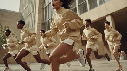 Athletes participating in a synchronized morning run during a fitness event in an urban setting with modern architecture