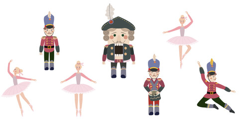 Nutcracker set: dancing ballerina, toy soldier, nutcracker, theater curtains. Vector isolated clipart elements.	
