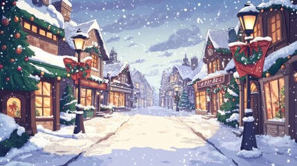 Fototapeta premium Anime-style Christmas street scene with decorated lampposts