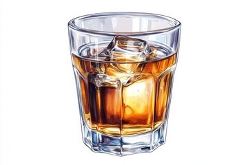 Whiskey glass with ice, white isolated background.